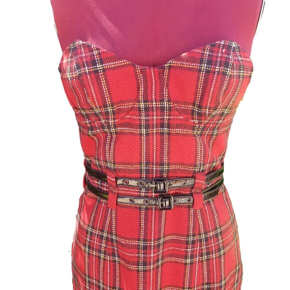 Betsey Johnson Mini Dress Red Tartan Plaid Strapless Double Patent Belt 6 - Picture 2 of 6